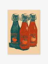 Vintage style Jarritos soda bottle print with teal and red bottles, orange fruit labels, and textured detail