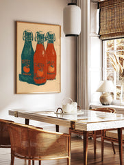 Vintage style Jarritos soda bottle print with teal and red bottles, orange fruit labels, and, in a styled room mockup