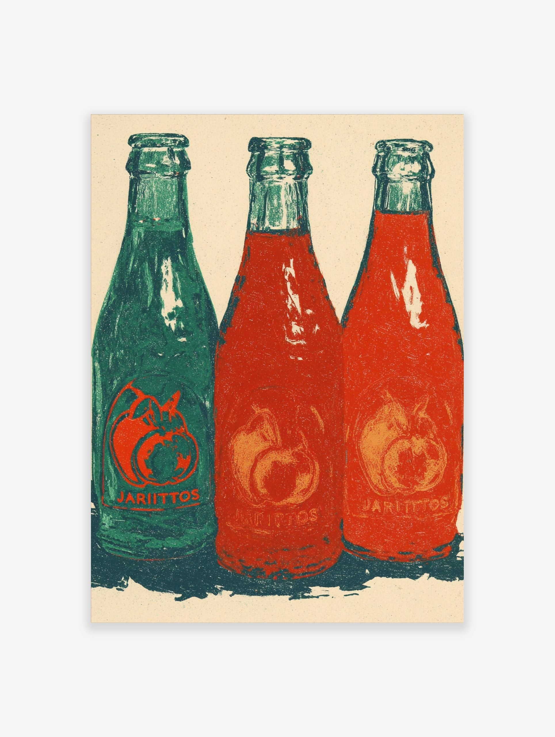 Three Jarritos soda bottles, one green and two red, with fruit motifs and 'JARIITOS' text, in a vintage print style