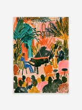 Colourful jazz band poster with pianist, saxophonist, and silhouetted crowd among tropical leaves