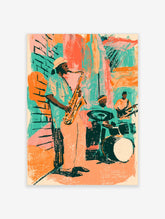 Colourful jazz band poster with saxophonist, drummer and guitarist in teal and orange
