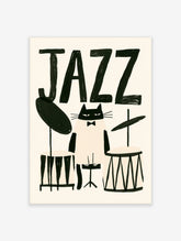 Black and white cat in bow tie behind drum kit under JAZZ text poster