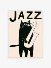 Black cat in round glasses playing saxophone under JAZZ text, cream background, music poster