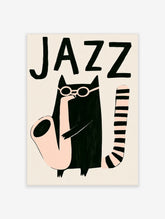 Jazz cat poster with black cat in glasses playing saxophone under JAZZ text on cream background