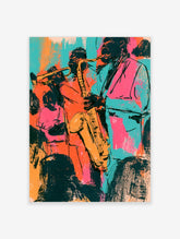 Jazz music poster with saxophonist and trumpet player in pink, teal, and orange abstract art print