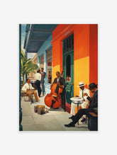 Jazz Music Poster featuring musicians playing a double bass and banjo in a vibrant street scene outside an orange building.