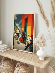 Jazz Music Poster featuring musicians playing a double bass and banjo in a vibrant street scene outside an orange building. - Image 4