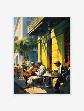 A vibrant jazz music street scene poster depicting men playing instruments and socializing outside a sunlit green and yellow building.
