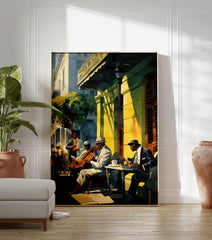 A vibrant jazz music street scene poster depicting men playing instruments and socializing outside a sunlit green and yellow building. - Image 3