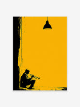 Yellow and black jazz trumpet player silhouette art print with a hanging lamp and textured wall details.