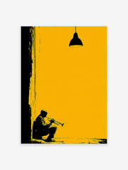 Yellow and black jazz trumpet player silhouette art print with a hanging lamp and textured wall details.