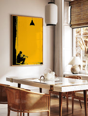 Yellow and black jazz trumpet player silhouette art print with a hanging lamp and textured wall details. - Image 3
