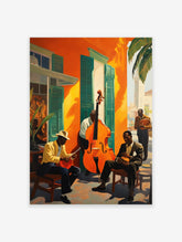 Jazz musicians poster featuring men playing double bass and banjo on a street with vibrant orange buildings and green shutters.