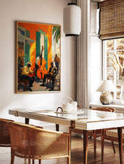 Jazz musicians poster featuring men playing double bass and banjo on a street with vibrant orange buildings and green shutters. - Image 2