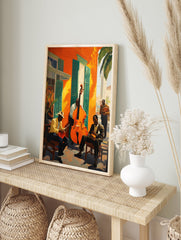 Jazz musicians poster featuring men playing double bass and banjo on a street with vibrant orange buildings and green shutters. - Image 4