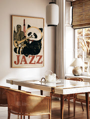 Jazz panda playing trumpet in front of city skyline with Jazz text, illustrative art print, in a styled room mockup