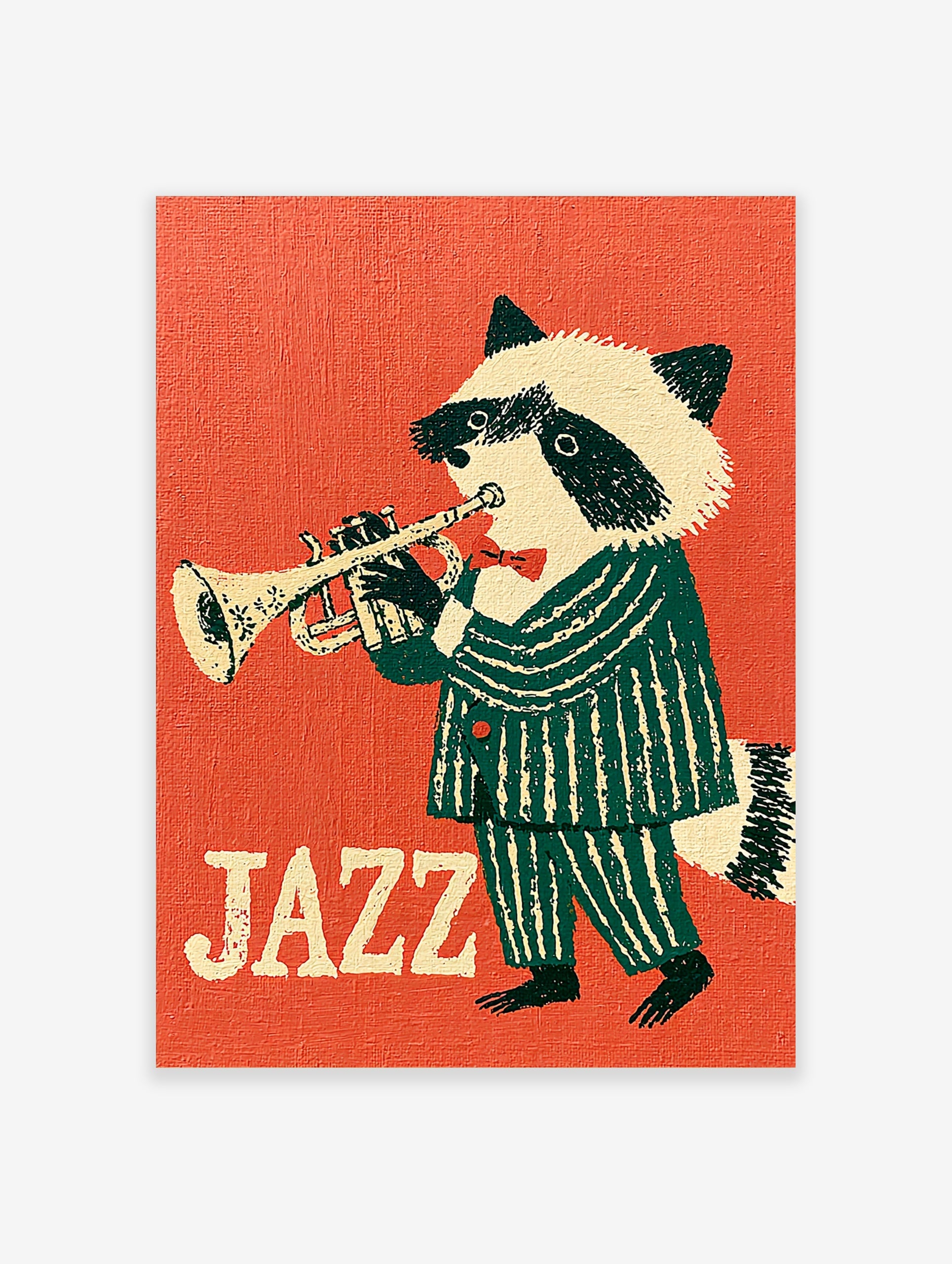 A retro-style illustration of a raccoon in a green striped suit playing a trumpet against an orange background, with JAZZ