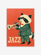 A retro-style illustration of a raccoon in a green striped suit playing a trumpet against an orange background, with JAZZ