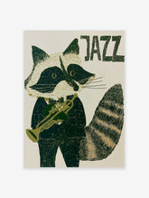 Stylised raccoon in a tuxedo playing a trumpet with JAZZ text in deep green and cream illustrative wall art style