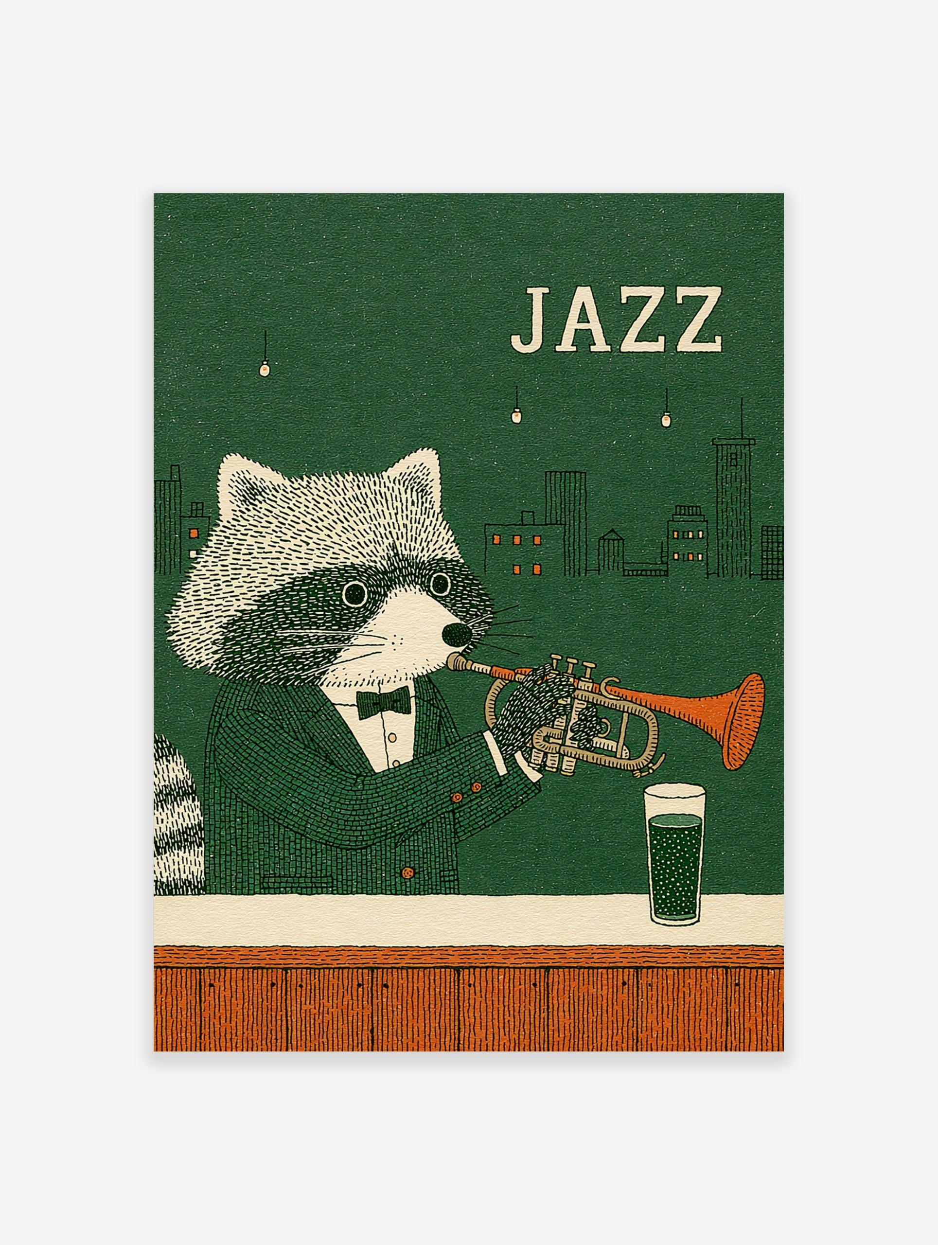 Illustrated dapper raccoon in a suit playing a trumpet against a green city skyline with Jazz typography