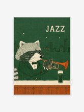Illustrated dapper raccoon in a suit playing a trumpet against a green city skyline with Jazz typography