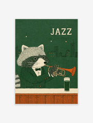 Illustrated dapper raccoon in a suit playing a trumpet against a green city skyline with Jazz typography