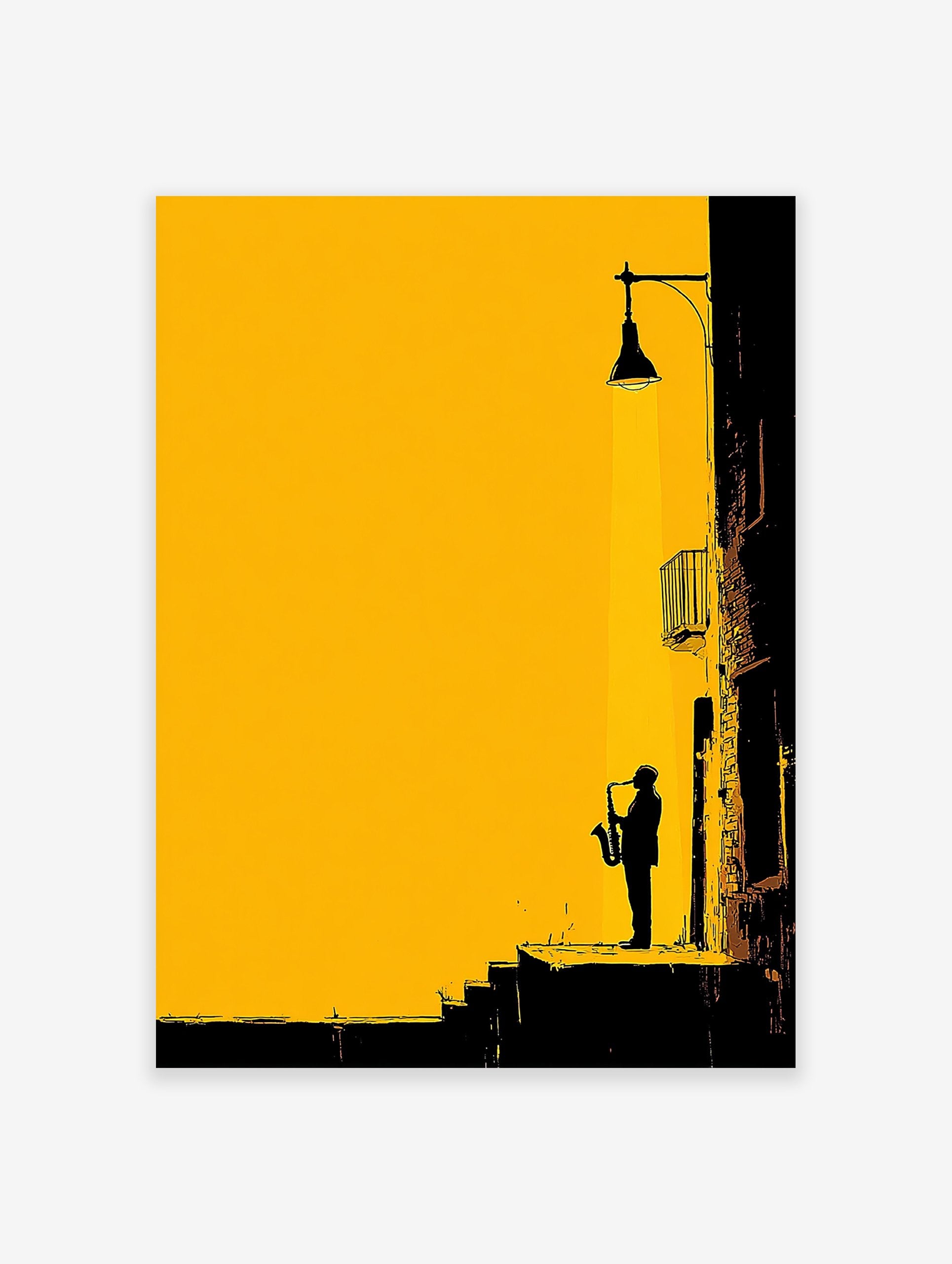 Silhouette of a jazz saxophone player under a street lamp in a yellow and black urban alleyway art print.