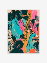 Colourful jazz saxophone poster with musician in teal suit and black silhouettes