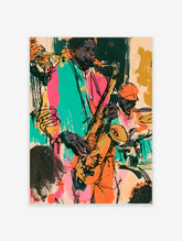 Jazz saxophone player poster with pink teal orange blocks and black linework
