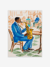 Jazz saxophonist in blue suit playing yellow saxophone at cafe table, illustrative music poster