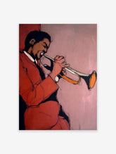 Abstract art print of a jazz musician playing a trumpet in red and brown tones against a light pink background.