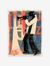 Jazz trumpet player poster with silhouetted musician, cream suit, black hat, orange and blue JAZZ typography