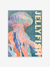Jellyfish poster with blue and orange jellyfish and vertical JELLYFISH text on teal background