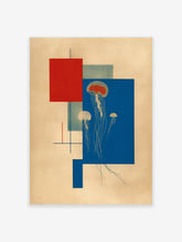 Abstract jellyfish wall art print featuring red and blue geometric shapes on a beige background with white jellyfish illustrations.