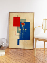 Abstract jellyfish wall art print featuring red and blue geometric shapes on a beige background with white jellyfish illustrations. - Image 2