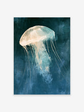 Painterly jellyfish art print with cream bell and trailing tentacles on deep teal background