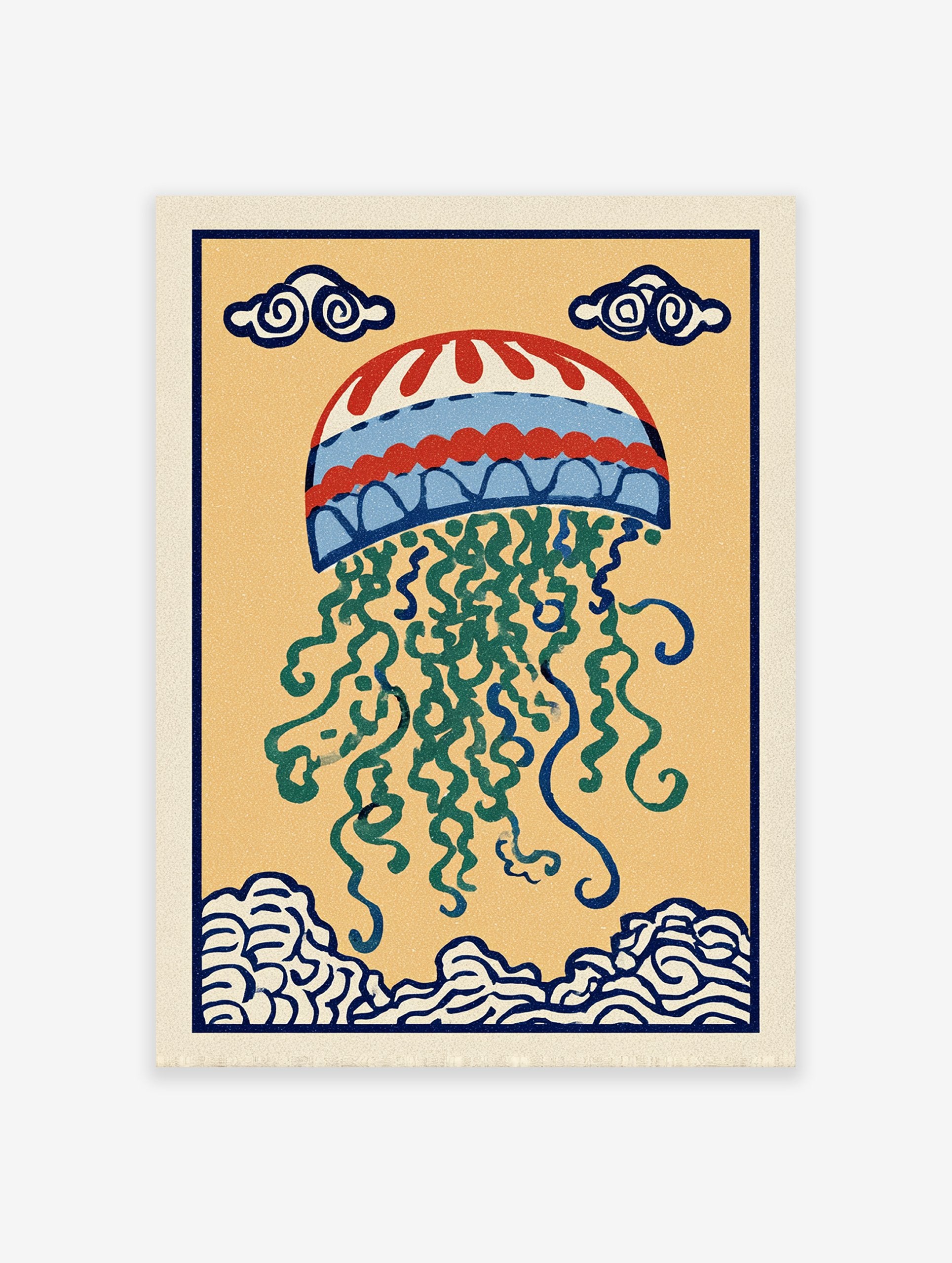 Illustrative jellyfish wall art print with red, blue, green, and yellow colors, featuring traditional cloud and wave motifs.
