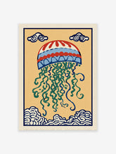 Illustrative jellyfish wall art print with red, blue, green, and yellow colors, featuring traditional cloud and wave motifs.