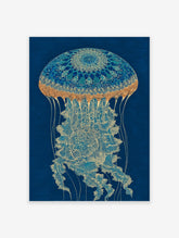 Intricate blue and gold jellyfish wall art illustration on a dark blue background, featuring mandala-like patterns.