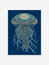 Intricate blue and gold jellyfish wall art print on a deep blue background with detailed patterns and flowing tentacles.