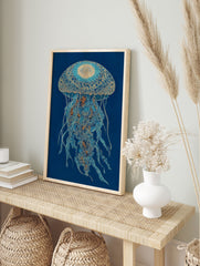Intricate blue and gold jellyfish wall art print on a deep blue background with detailed patterns and flowing tentacles. - Image 3
