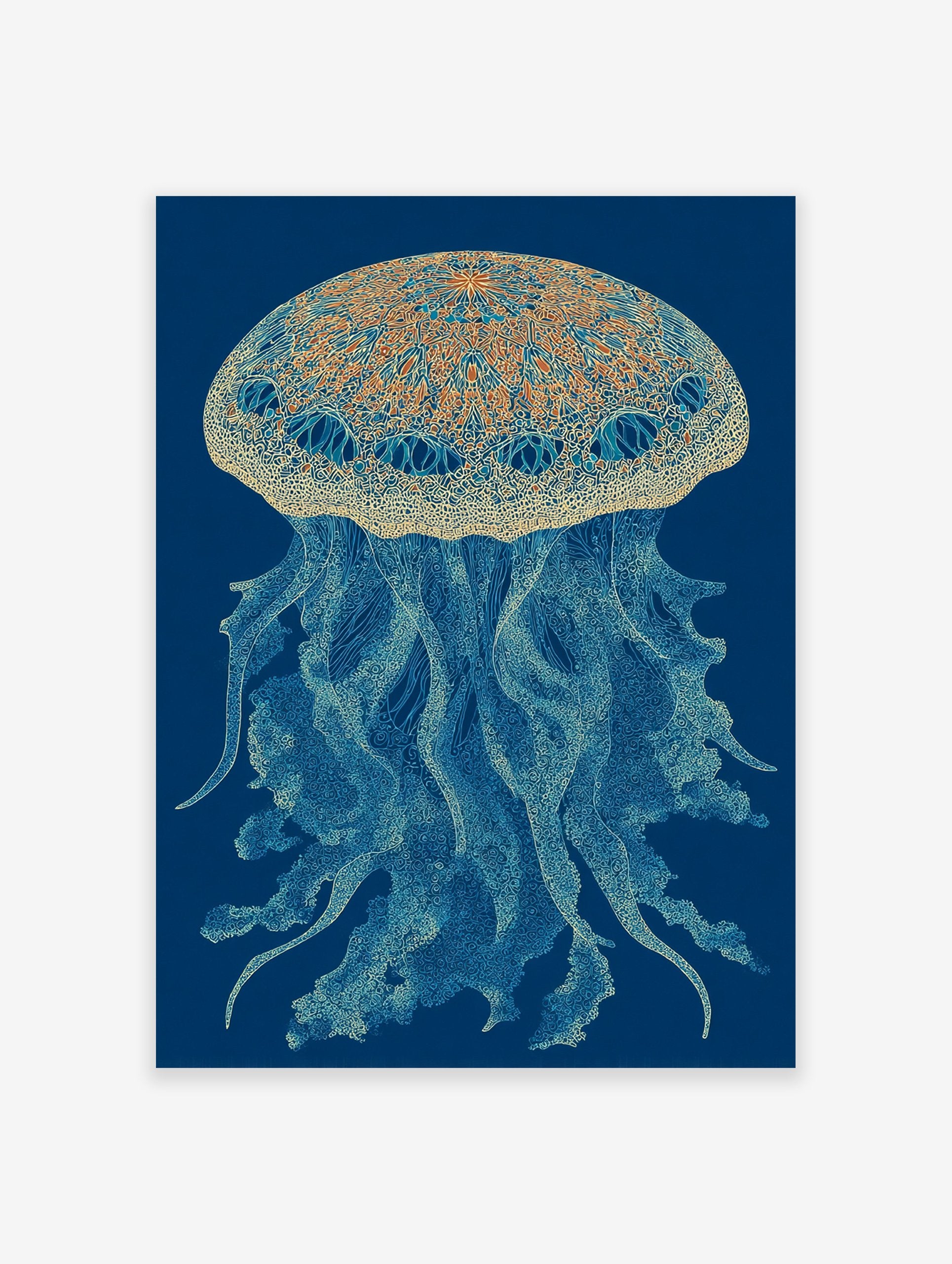Intricate blue and gold jellyfish wall art illustration on a deep blue background, featuring detailed patterns and tentacles.