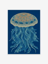 Intricate blue and gold jellyfish wall art illustration on a deep blue background, featuring detailed patterns and tentacles.