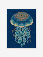 Intricate blue and gold jellyfish wall art print with mandala-like patterns on a deep blue background.
