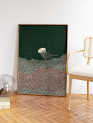 Japanese style jellyfish wall art print with white jellyfish and waves on a dark green background with a red seal. - Image 2