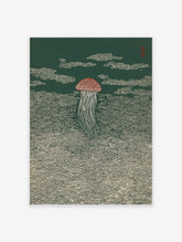 Japanese style jellyfish wall art print with a reddish-brown bell and white tentacles against a dark green background with wave patterns.