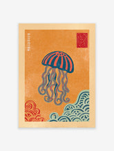 Vibrant orange background Jellyfish Wall Art print with blue and red jellyfish and stylized waves in Japanese art style.