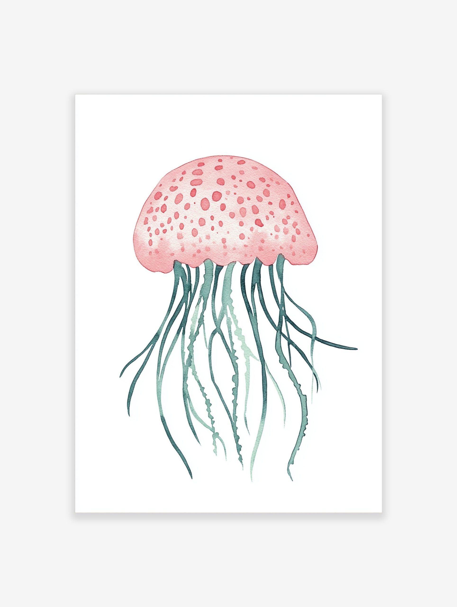 Pink jellyfish watercolour illustration with teal tentacles on a white background