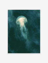 Teal jellyfish art print with glowing bell and trailing tentacles on deep blue-green background