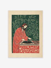 Illustration of Jesus wearing red headphones and a red robe, acting as a DJ on turntables, against a dark green leafy background.